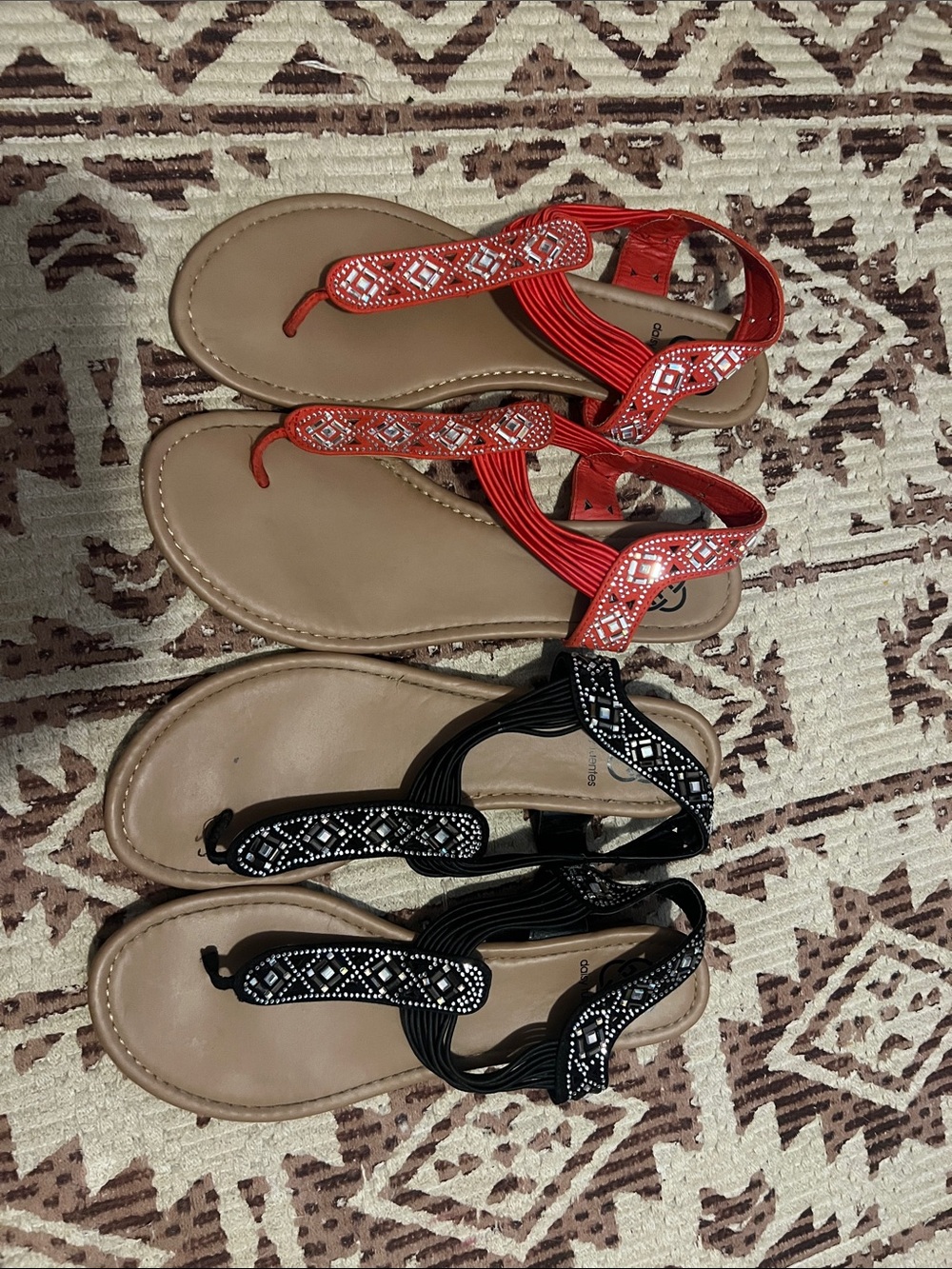 Women's Sequin Beaded T-Strap Sandals - Coral and Black